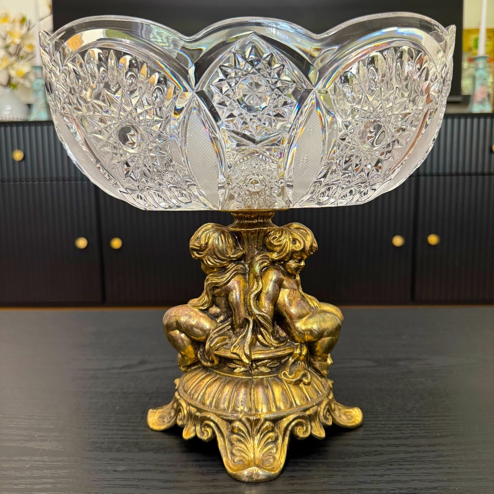 Antique Vintage Victorian Scallops Rim Crystal Gold Metal Footed Decorative Bowl